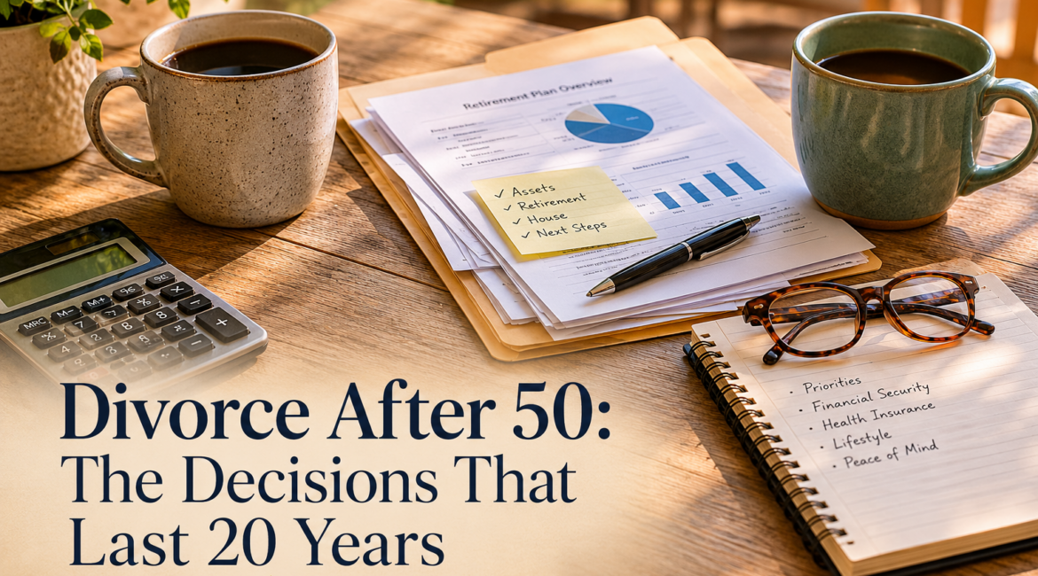 Two coffee mugs on a kitchen table beside retirement account statements and reading glasses, representing financial planning during a Florida gray divorce
