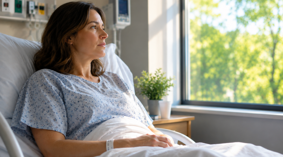 Woman in hospital bed looking out window after summer injury, Florida medical malpractice attorney