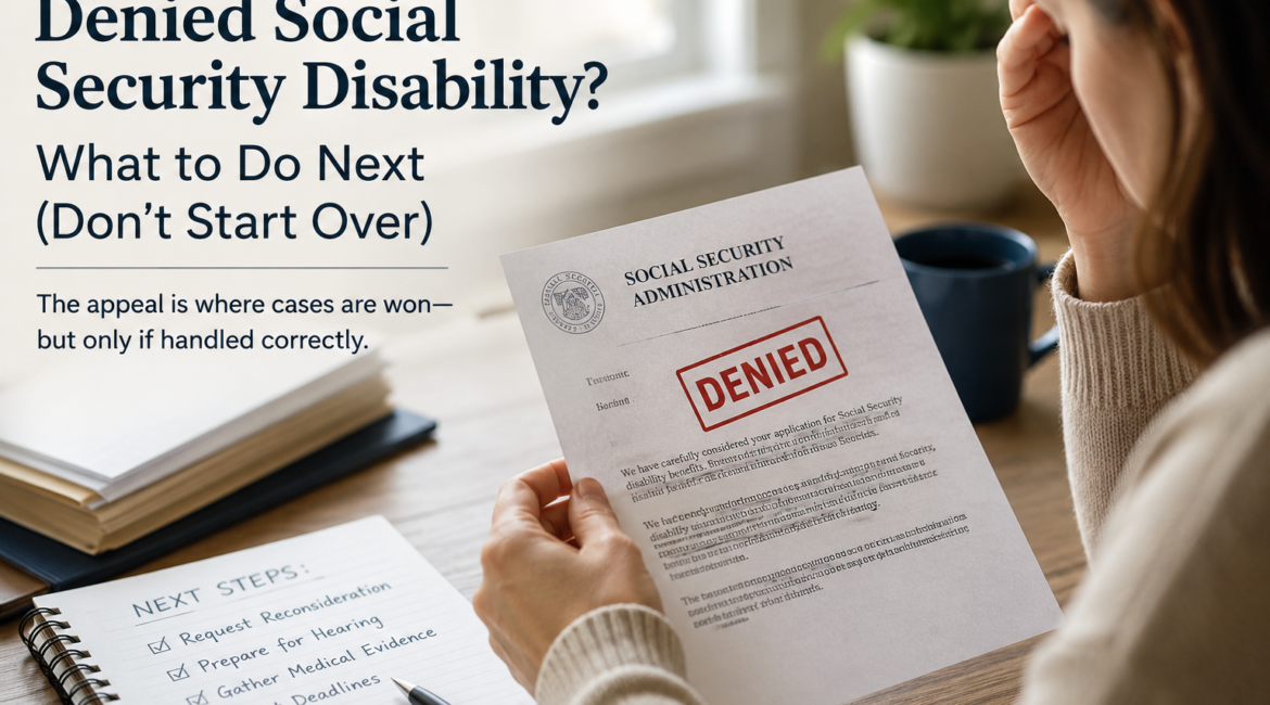 Person holding a denied Social Security Disability letter with notes outlining the SSDI appeals process and next steps after a disability claim denial.