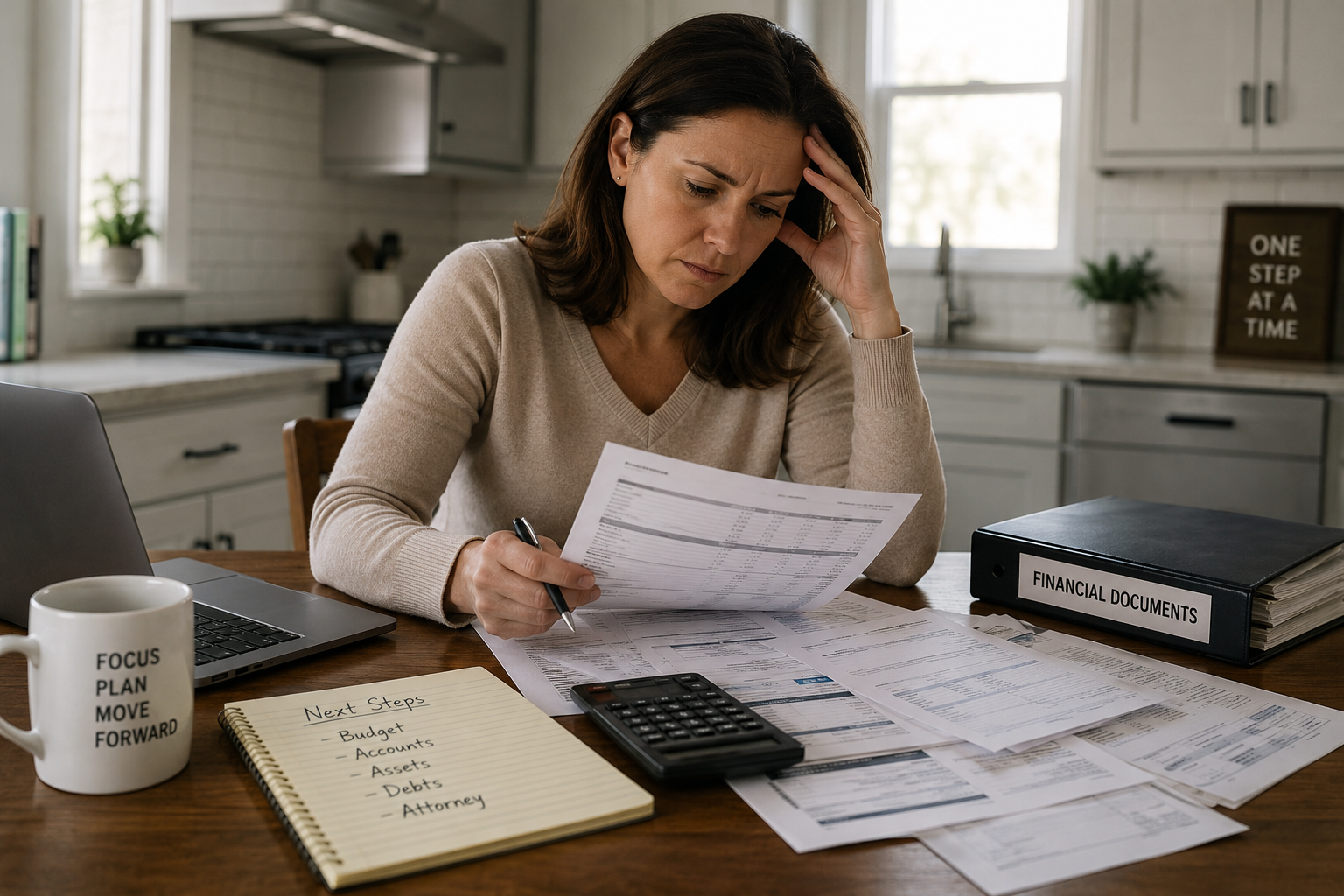 Person at a kitchen table reviewing financial documents before filing for divorce in Florida
