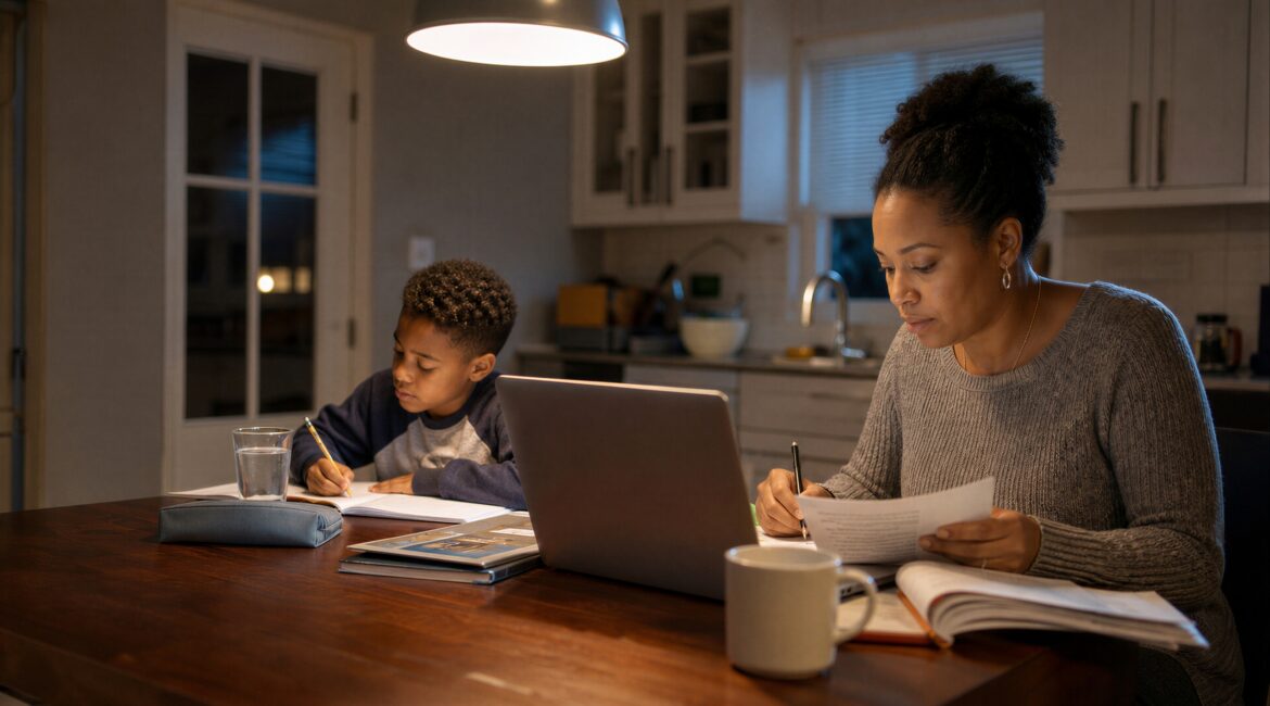 Florida mother reviewing paperwork at the kitchen table in the evening while her son does homework beside her