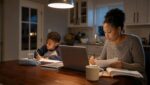 Florida mother reviewing paperwork at the kitchen table in the evening while her son does homework beside her