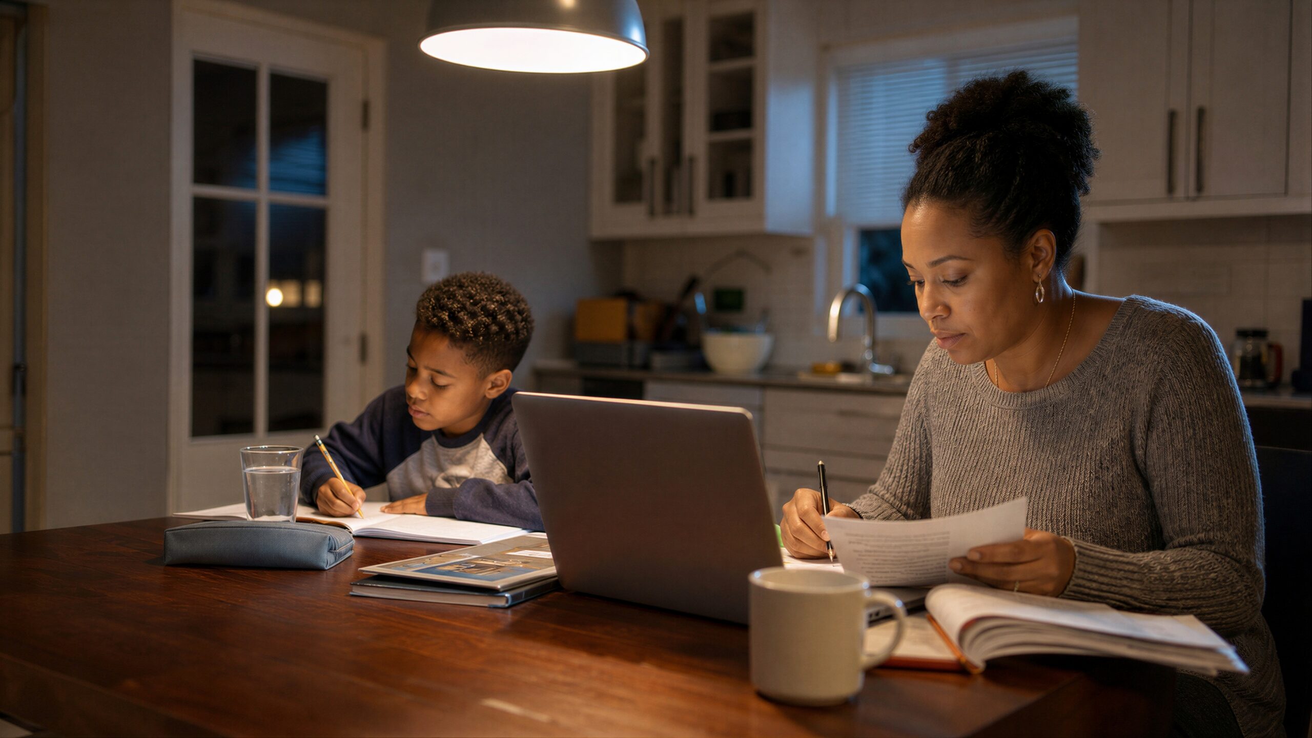 Florida mother reviewing paperwork at the kitchen table in the evening while her son does homework beside her