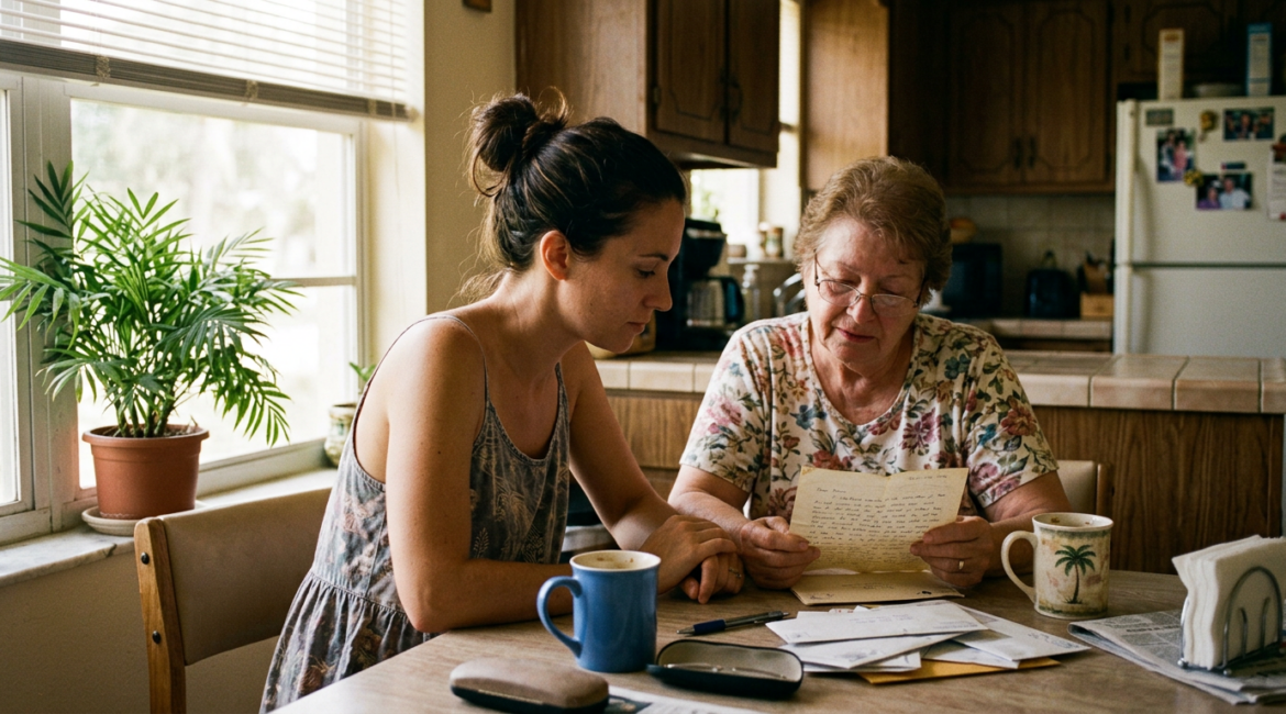 An older woman and her adult daughter sit at a kitchen table in morning light, reading a letter together.