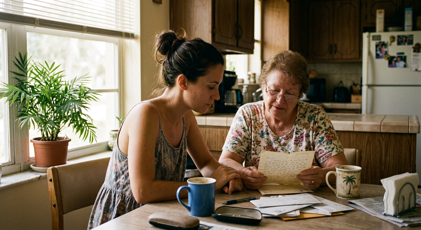 An older woman and her adult daughter sit at a kitchen table in morning light, reading a letter together.