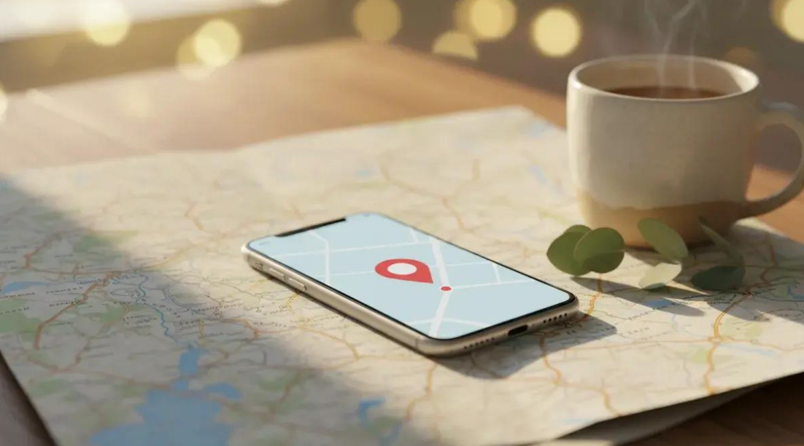 Smartphone displaying GPS location tracking, illustrating privacy concerns involving AirTags, Life360, and location sharing during a Florida divorce.