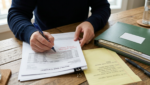 Hands marking a printed bank statement at a wooden table in natural light, with a folder and a notepad nearby.