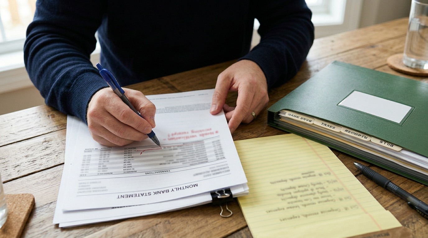 Hands marking a printed bank statement at a wooden table in natural light, with a folder and a notepad nearby.